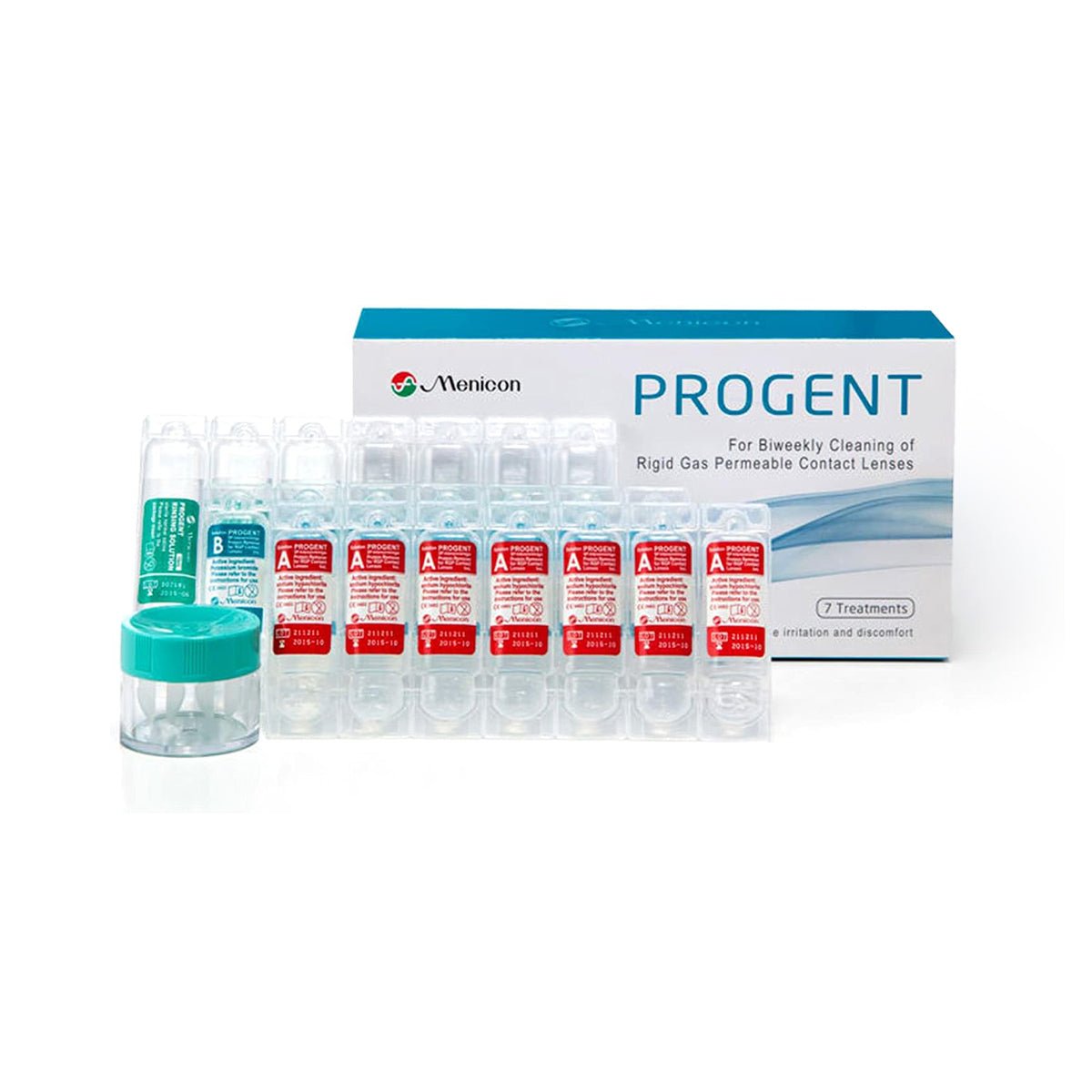 The Menicon Progent Biweekly Contact Lens Cleaner box features the Progent label, red-labeled vials, and a green-capped container. This kit, offering seven treatments, removes protein deposits and is tailored for rigid gas permeable lenses.