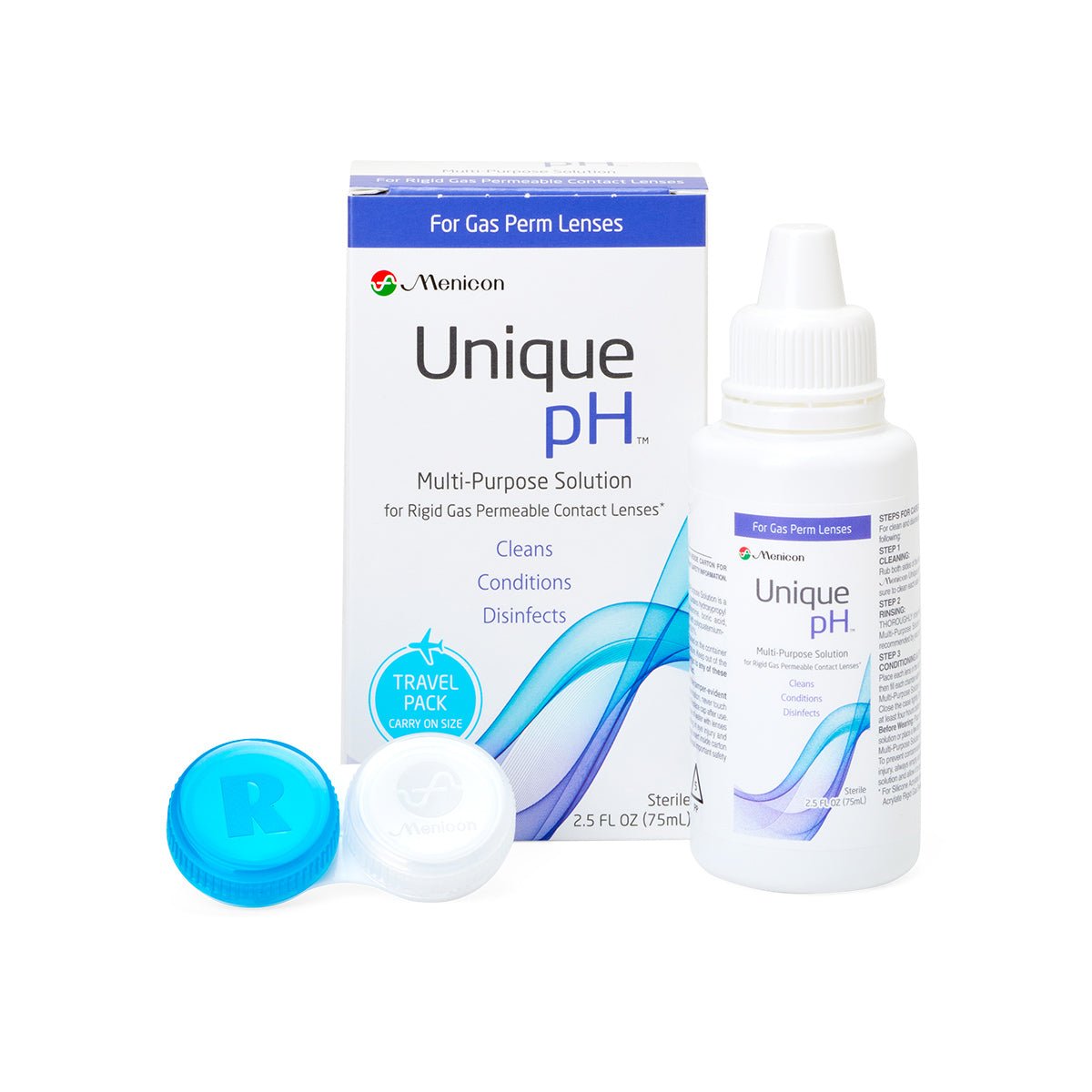 Displayed is the Menicon Unique pH Travel Kit, featuring a 2.5 oz multipurpose solution for gas permeable lenses and a contact lens case, known for its efficient cleaning, conditioning, and disinfecting.