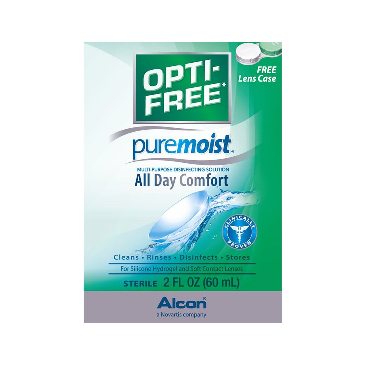 Alcons Opti-Free Pure Moist Disinfecting Contact Lens Solution with Case offers All Day Comfort. Featuring HydraGlyde Moisture Matrix, it cleans, rinses, disinfects, and stores lenses. Comes in a convenient 2oz travel size with a free lens case.