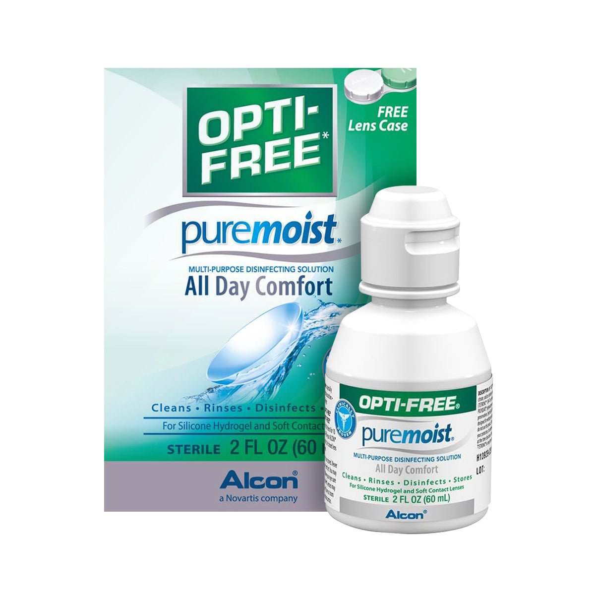 An Alcon Opti-Free with Pure Moist Disinfecting Contact Lens Solution (2oz) box and bottle are shown, highlighting the HydraGlyde Moisture Matrix for all-day comfort with soft contact lenses. Includes a travel case.