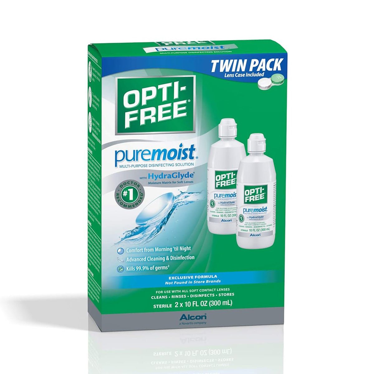 The Alcon Opti-Free Puremoist Multi-Purpose Disinfecting Solution twin pack includes two 10 fl oz bottles, featuring HydraGlyde Moisture Matrix for all-day comfort, advanced cleaning, 99.9% germ kill rate, and a lens case.