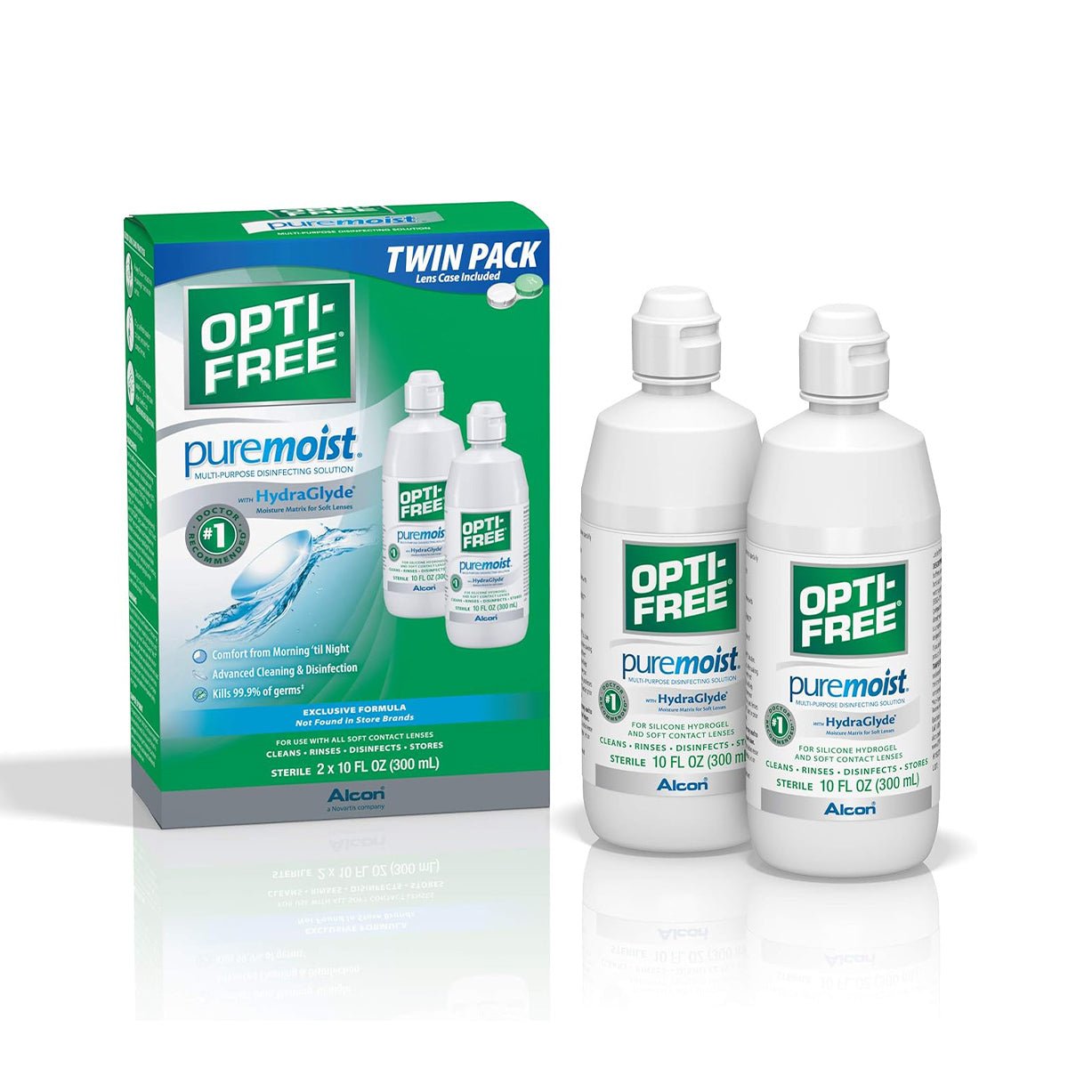 Twin pack of Alcons Opti-Free Puremoist Multi-Purpose Disinfecting Solution, featuring HydraGlyde Moisture Matrix. Each 10 fl oz bottle comes in green and blue packaging, offering enhanced lens comfort and a case for convenience. Total volume: 20 fl oz (pack of 2).