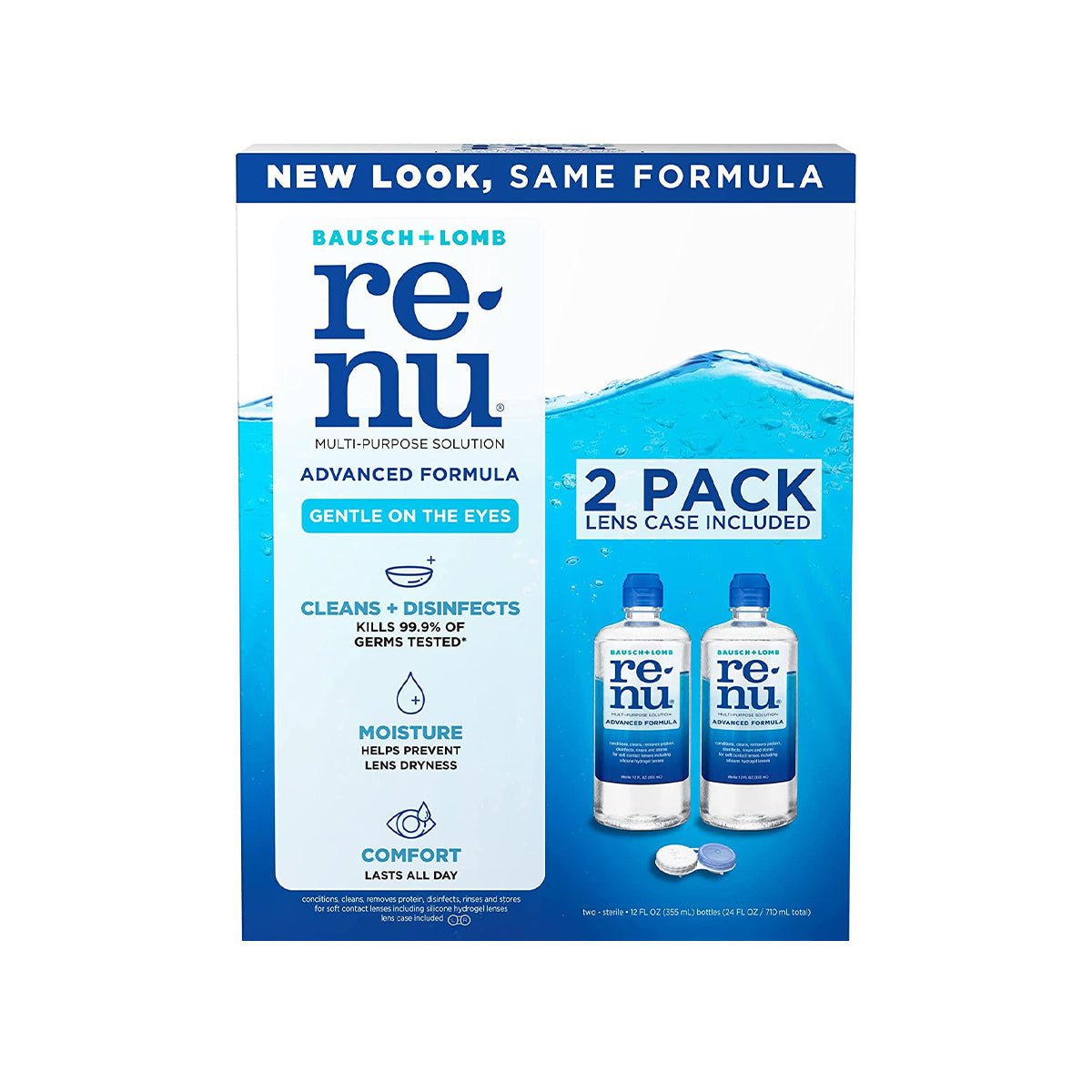 The Bausch + Lomb Renu Advanced Contact Lens Solution package includes two 12 fl oz bottles and a lens case. It features cleaning, disinfecting, moisture retention, and is gentle on the eyes with a new look, same formula for superior care of soft contact lenses.