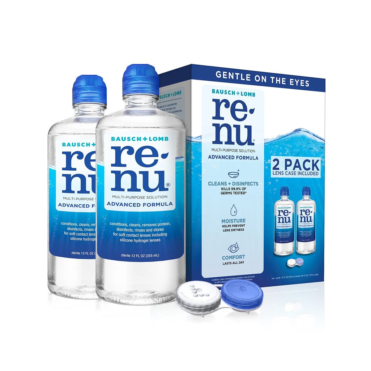 Two bottles of Bausch + Lomb Renu Advanced Contact Lens Solution (2 x 12 fl oz) enhance moisture retention and comfort, accompanied by a two-pack lens case for complete care.