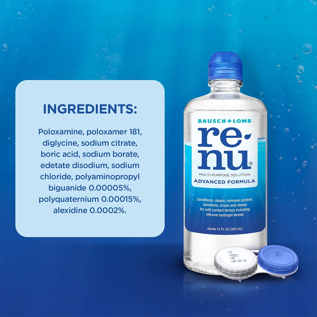 An image shows a bottle of Bausch + Lombs Renu Advanced Contact Lens Solution (2 x 12 fl oz) next to a blue and white contact lens case, with ingredients listed. A bubble-patterned background highlights its fresh, watery theme for thorough soft contact lens care.