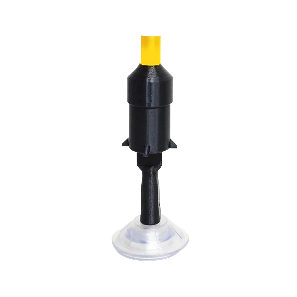 The S5 Mini Inserter by Augmented Vision Labs, with its black body and yellow tip, features a suction cup base for hands-free stabilization during scleral and hybrid lens insertion. This functional tool is ideal for coaching, paired with free video training, and contrasts well against a plain white background.