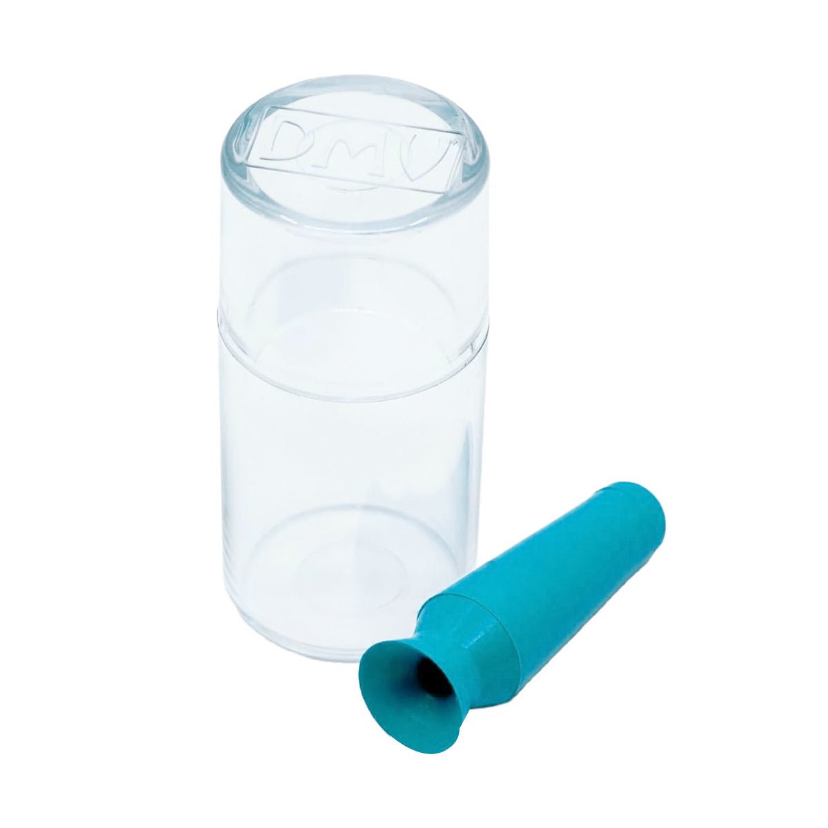 A transparent cylindrical container with DMV is next to a DMV Scleral Cup Large Contact Lens Handler, which includes a turquoise remover with a suction cup for easy use.