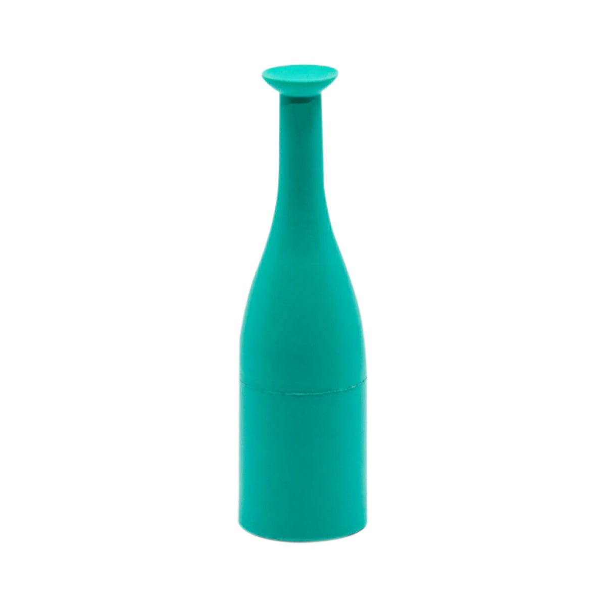 A turquoise rubber wine stopper shaped like a wine bottle stands upright on a white background, echoing the precision of the DMV Versa Contact Lens Insertion and Removal Tool (5-Pack Green).