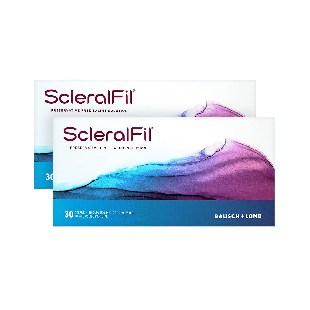 Two boxes of ScleralFil 2-Pack preservative-free saline solution for scleral lenses, ideal for all lens types. Each box has 30 Sterile and features a vibrant abstract design in purple, blue, and white. The Bausch + Lomb logo is prominently at the bottom right corner of each box.