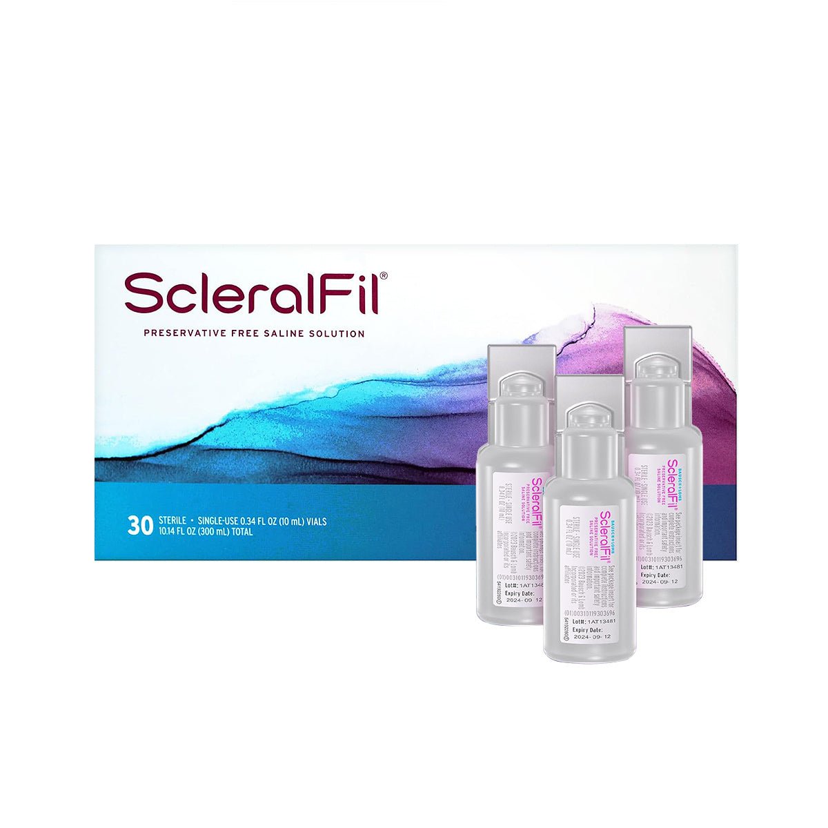 The image features ScleralFil Preservative Free Saline Solution for Scleral, Soft, & Rigid Gas Permeable Lenses by Bausch + Lomb. The box has a purple and blue gradient design, with three small clear vials in front. Its a buffered solution available in single-use 0.34 fl oz vials (pack of 30).