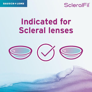 The promotional image for Bausch + Lombs ScleralFil features the text For Scleral, Soft, & Rigid Gas Permeable Lenses with illustrations of two scleral lenses and a check mark. The background has a gradient and watercolor-like design.