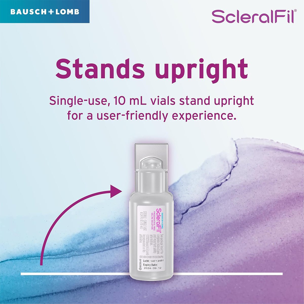 Image of a ScleralFil single-use 0.34 fl oz vial on a purple and blue watercolor background, emphasizing preservative-free saline convenience for scleral lenses. The Bausch + Lomb logo is in the top-left corner.