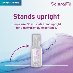 Image of a ScleralFil single-use 0.34 fl oz vial on a purple and blue watercolor background, emphasizing preservative-free saline convenience for scleral lenses. The Bausch + Lomb logo is in the top-left corner.