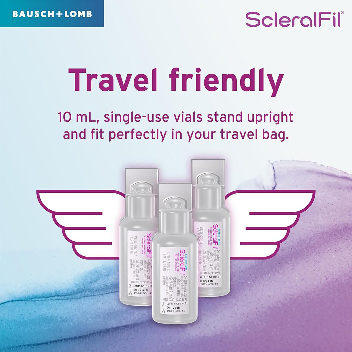 Image of three Bausch + Lomb ScleralFil single-use 0.34 fl oz vials with wing designs behind them. Text reads, Travel friendly: Preservative-free saline vials stand upright and fit perfectly in your travel bag. Logo in the corner.