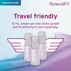 Image of three Bausch + Lomb ScleralFil single-use 0.34 fl oz vials with wing designs behind them. Text reads, Travel friendly: Preservative-free saline vials stand upright and fit perfectly in your travel bag. Logo in the corner.
