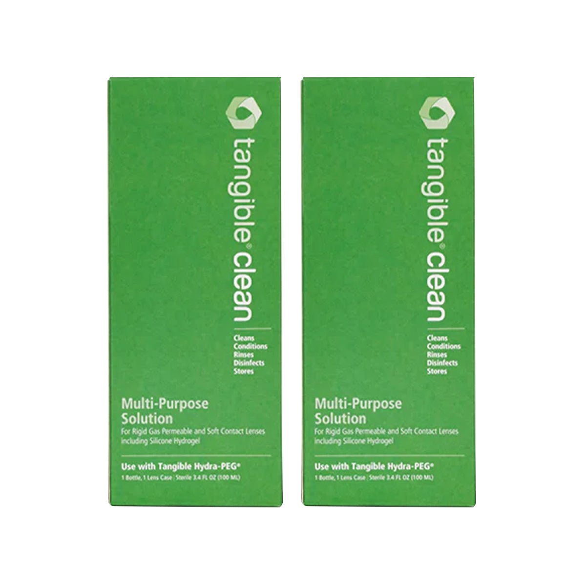 Two green boxes of Tangible Clean 2-pack are displayed upright, showcasing this travel-friendly (3.4oz) RGP, Scleral, and Soft Contact Lens Multi-Purpose Solution with text detailing its cleaning capabilities and a prominently featured logo.