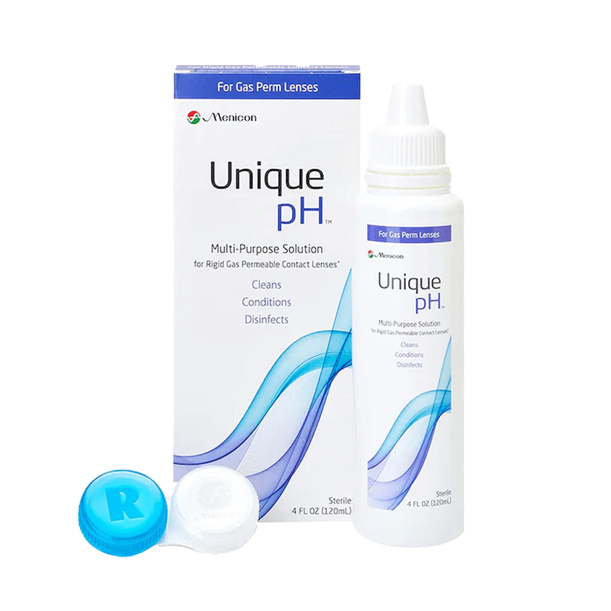 The Menicon Unique pH Multipurpose Solution for Gas Permeable Contact Lenses (4 fl oz/120ml) with a blue and white lens case effectively cleans, conditions, disinfects, and removes protein deposits.