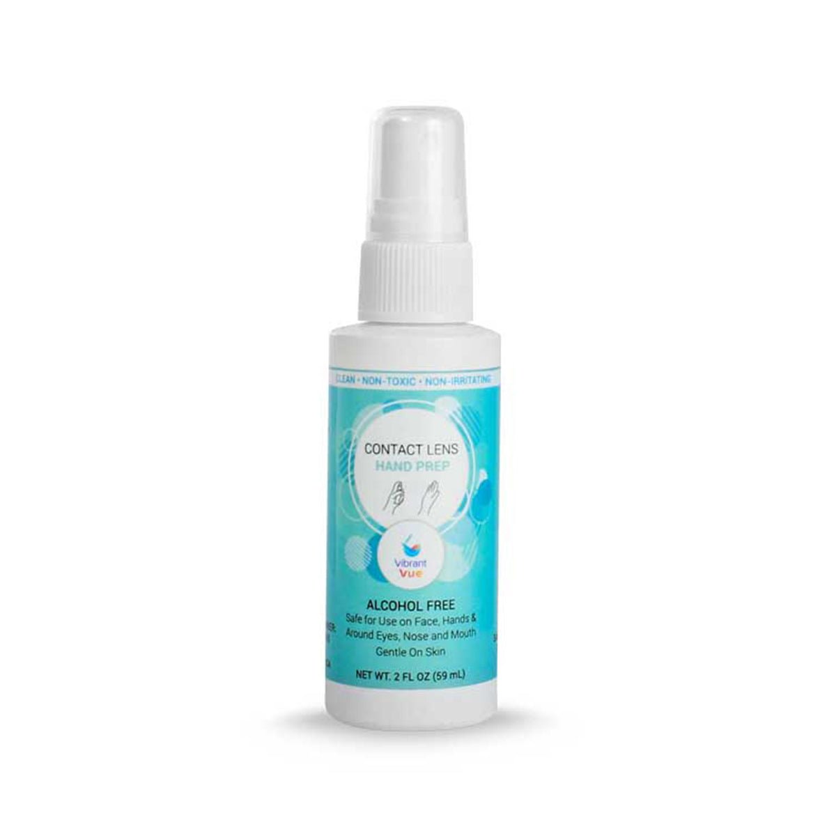 The Vibrant Vue Contact Lens Hand Prep by Visionary Optics is a white 2 fl oz (59 ml) spray bottle with blue and aqua accents, alcohol-free and featuring hypochlorous acid, safe for face, hands, and areas around the eyes, nose, and mouth.