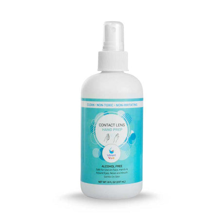 The Vibrant Vue Contact Lens Hand Prep by Visionary Optics comes in a 237 ml white bottle with an elegant blue and teal design. Its alcohol-free, non-toxic, and non-irritating, crafted for contact lens users, featuring a hand-and-lens icon for easy identification.