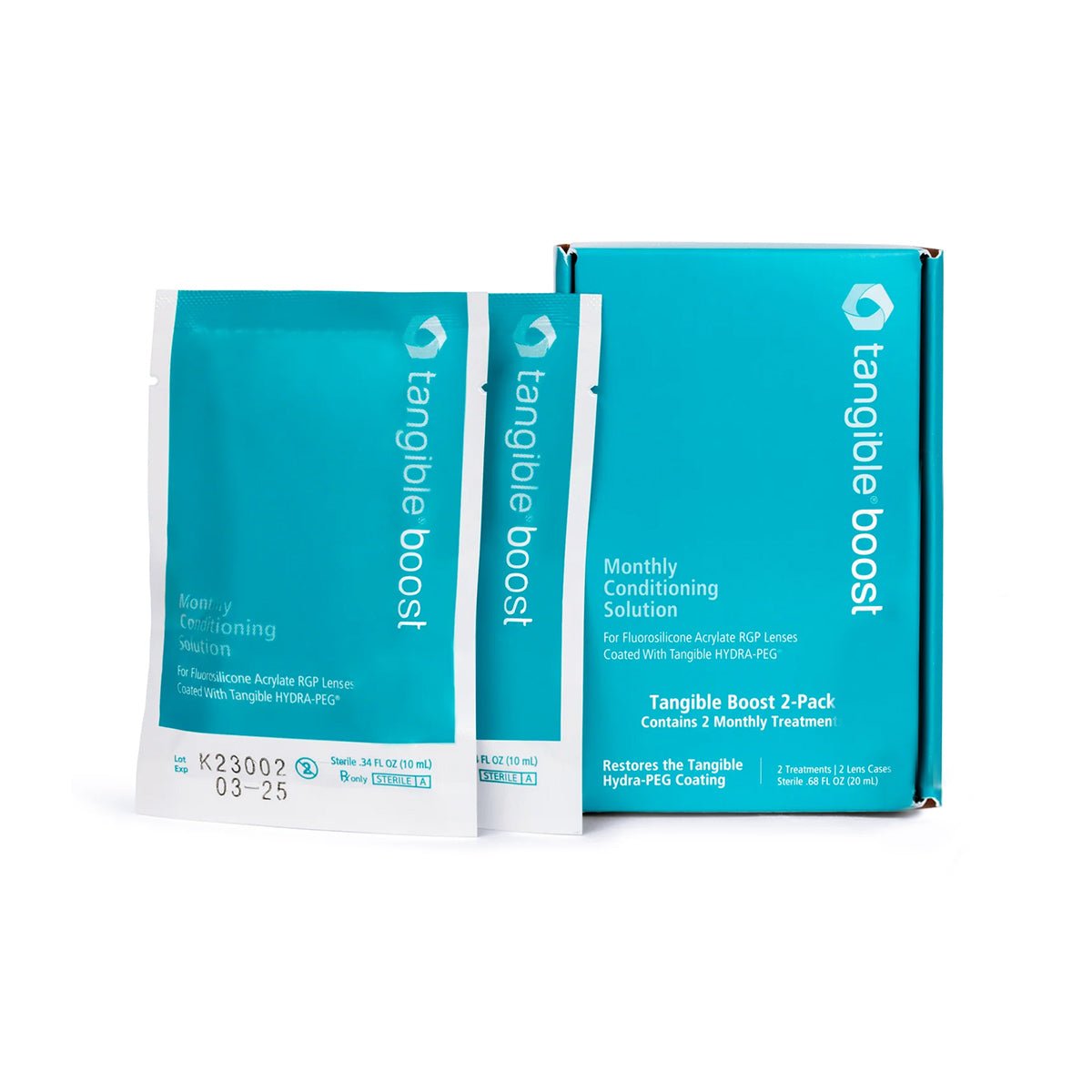 Two teal packages of Tangible Boost 2-Pack, essential for restoring and maintaining your Hydra-PEG coated lenses comfort and clarity, are displayed. No prescription is required for purchase.