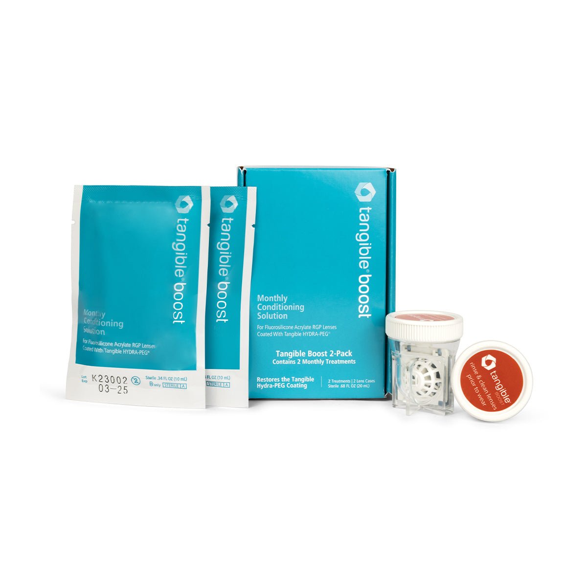 The Tangible Boost 2-Pack features a refreshed cyan box that includes two solution packets, a white-red contact lens case, and a lens cleaner. It is designed to restore and maintain comfort for lenses with Tangible Hydra-PEG coating.