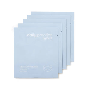Five light blue packets of Daily Practice Brighten & Hydrate Eye Patches, each featuring a stylized white eye patch graphic, promise to reduce puffiness and combat dark circles effectively.