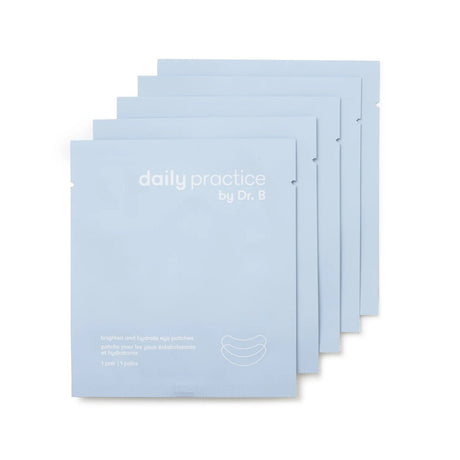 Five light blue packets of Daily Practice Brighten & Hydrate Eye Patches, each featuring a stylized white eye patch graphic, promise to reduce puffiness and combat dark circles effectively.