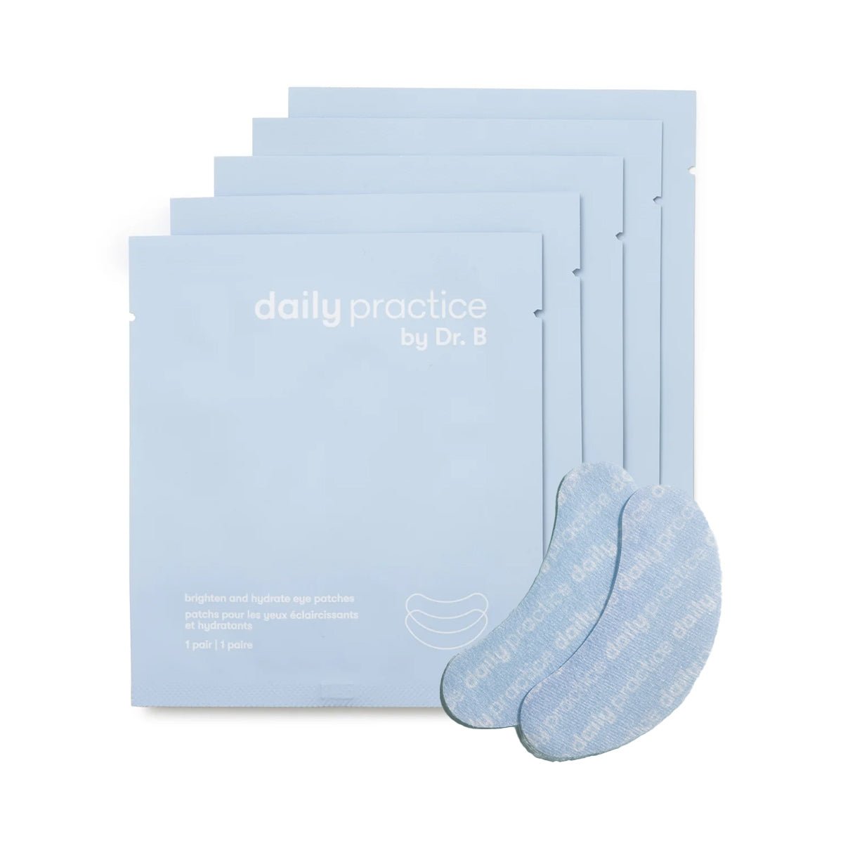 Behind five pale blue packets of Daily Practice, a pair of Brighten & Hydrate Eye Patches is displayed, designed to reduce puffiness. The minimalist packaging features white text, adding serenity and sophistication.