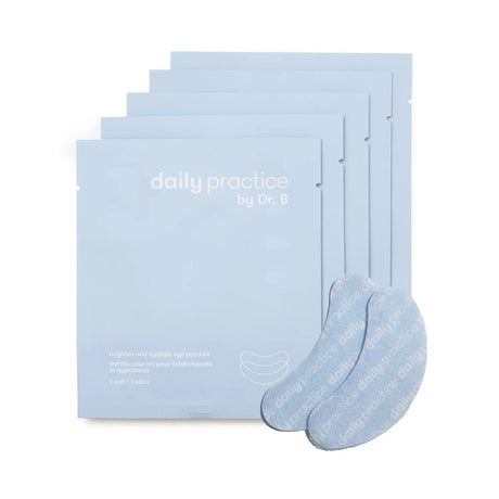 Behind five pale blue packets of Daily Practice, a pair of Brighten & Hydrate Eye Patches is displayed, designed to reduce puffiness. The minimalist packaging features white text, adding serenity and sophistication.