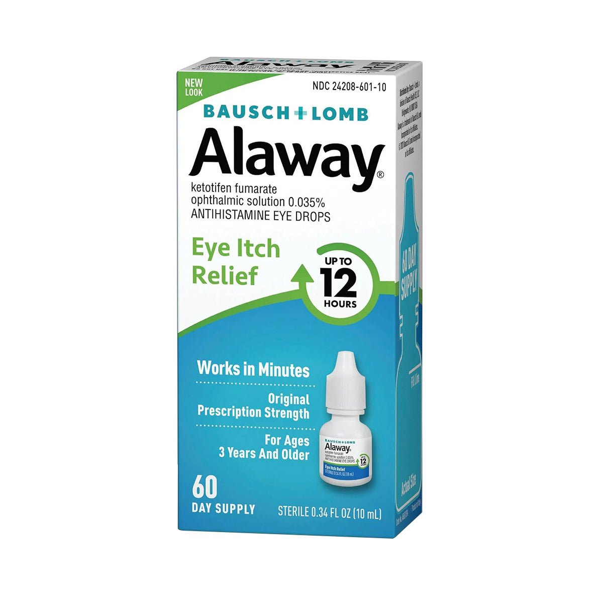 Alaway Antihistamine Allergy Eye Drops 10mL by Bausch + Lomb, suitable for ages 3+, delivers fast-acting relief for itchy eyes with its antihistamine formula, providing up to 12 hours of comfort. Comes in a 60-day supply with original prescription strength.