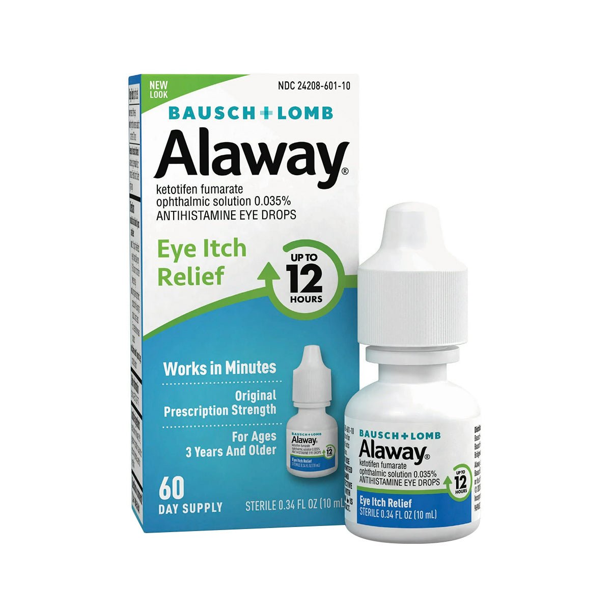 Bausch + Lomb Alaway Antihistamine Allergy Eye Drops 10mL (60 Day Supply) offers fast relief for itchy eyes in minutes, lasting up to 12 hours. Suitable for ages 3 and up.