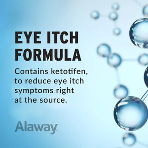 Image text: EYE ITCH FORMULA over molecular structures. Description: Alaway Antihistamine Allergy Eye Drops 10mL (60 Day Supply) contains ketotifen for fast itchy eye relief, targeting symptoms at the source. Brand: Bausch + Lomb.