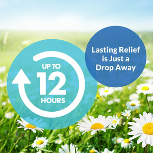 A field of daisies under a blue sky with text reads, UP TO 12 HOURS surrounded by an arrow, and Lasting Relief is Just a Drop Away. Experience fast relief for itchy eyes with Bausch + Lombs Alaway Antihistamine Allergy Eye Drops 10mL (60 Day Supply).