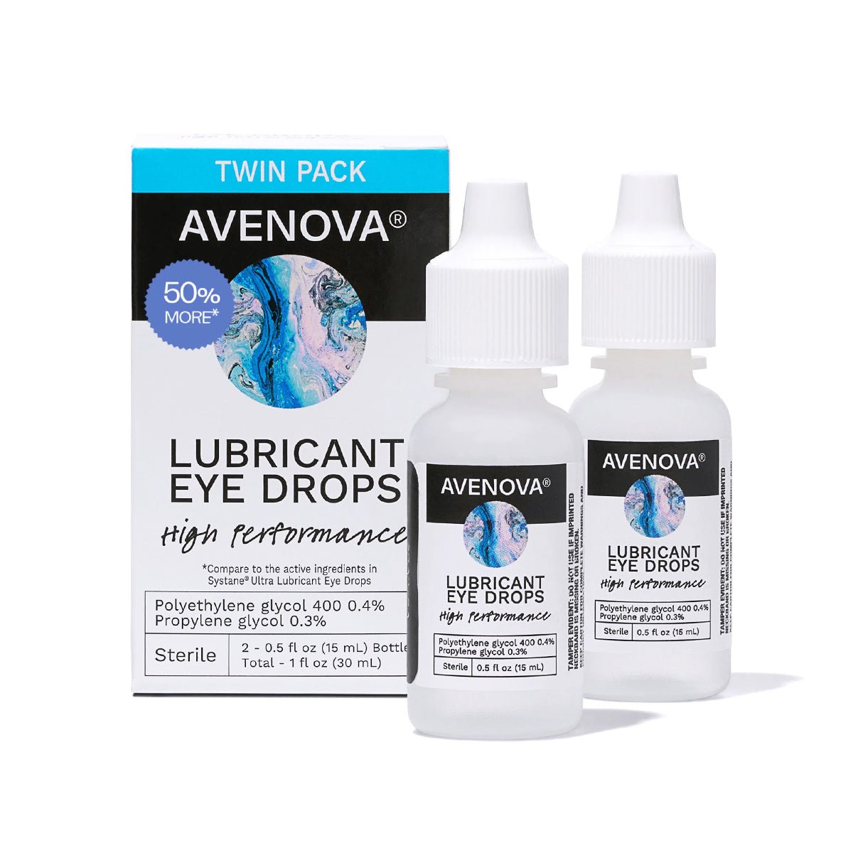 Two 15ml bottles of Avenova Lubricant Eye Drops by NovaBay are displayed in front of their Twin Pack packaging, promoting 50% More and High Performance dry eye relief, with soothing comfort enhanced by N-Acetylcarnosine for optimal results.