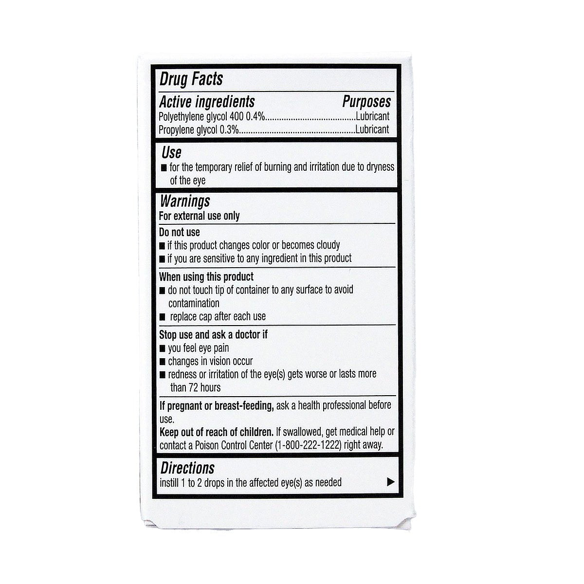 Close-up of an Avenova Lubricant Eye Drops box (15ml, Twin Pack) by NovaBay highlights drug facts: active ingredients are Polyethylene glycol 400 and Propylene glycol for dry eye relief. It details uses, warnings, external use only note, and advises consulting a doctor if conditions persist.