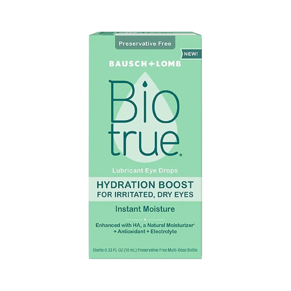 A box of Bausch + Lomb Biotrue Hydration Boost Eye Drops (10 mL), preservative-free and contact lens friendly, offers hydration boost and instant moisture for dry eyes with HA, antioxidants, and electrolytes.