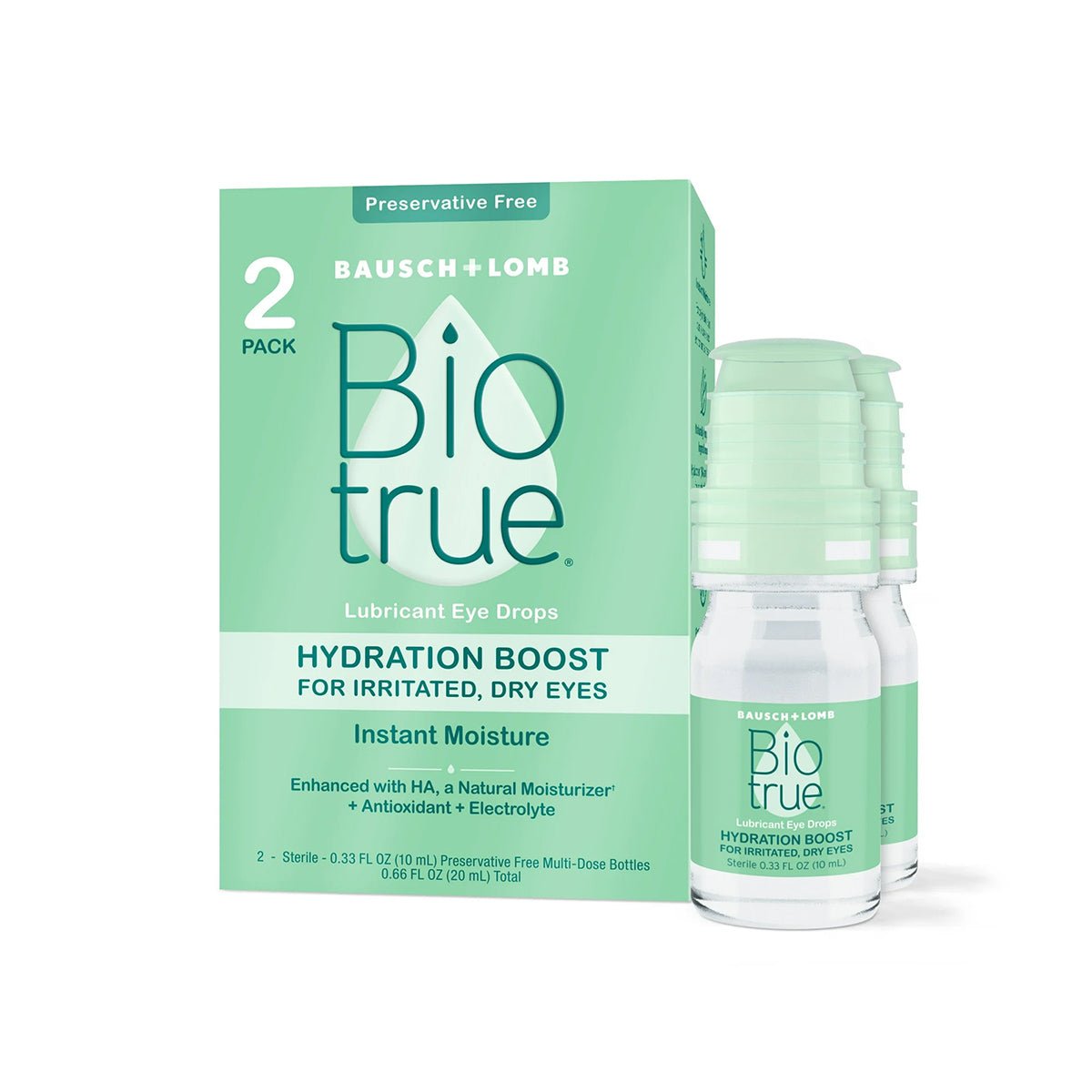 Two bottles of Biotrue Hydration Boost Eye Drops by Bausch + Lomb, preservative-free and soft contact lens friendly, feature before the box. It offers instant moisture for dry, irritated eyes with HA, a natural moisturizer, antioxidant, and electrolyte. Each 10 mL bottle provides over 600 drops.