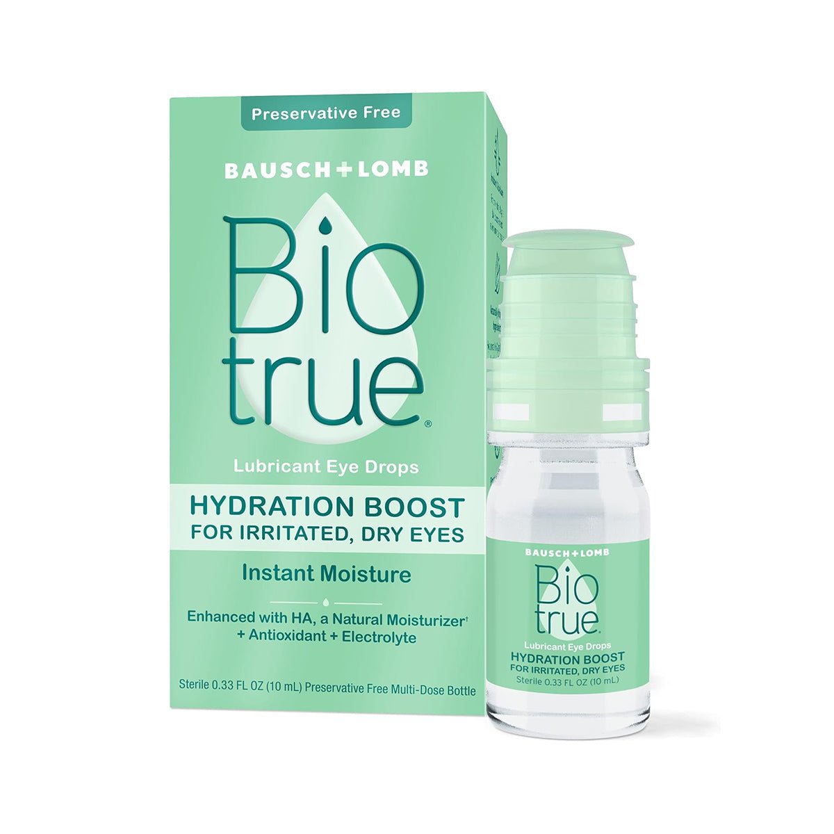 Image of Biotrue Hydration Boost Eye Drops by Bausch + Lomb, emphasizing instant moisture and preservative-free benefits for dry eyes. A clear bottle with a green label is positioned next to the light green box, offering soothing relief.