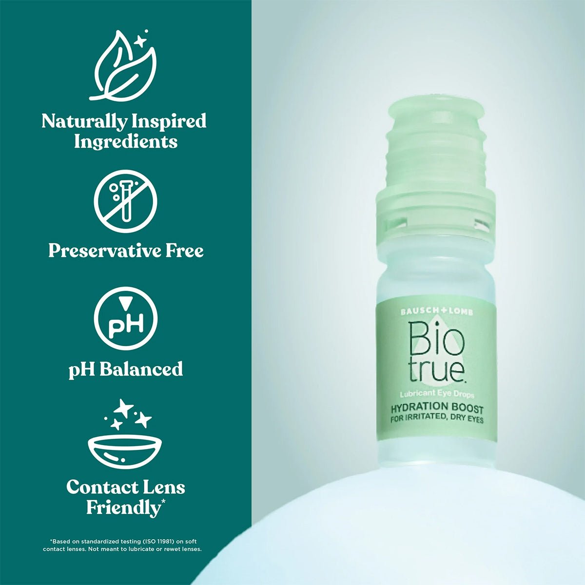 Bausch + Lombs Biotrue Hydration Boost Eye Drops soothe irritated, dry eyes with naturally inspired, preservative-free ingredients. This contact lens-friendly formula is pH balanced and comes in a 10 mL bottle.