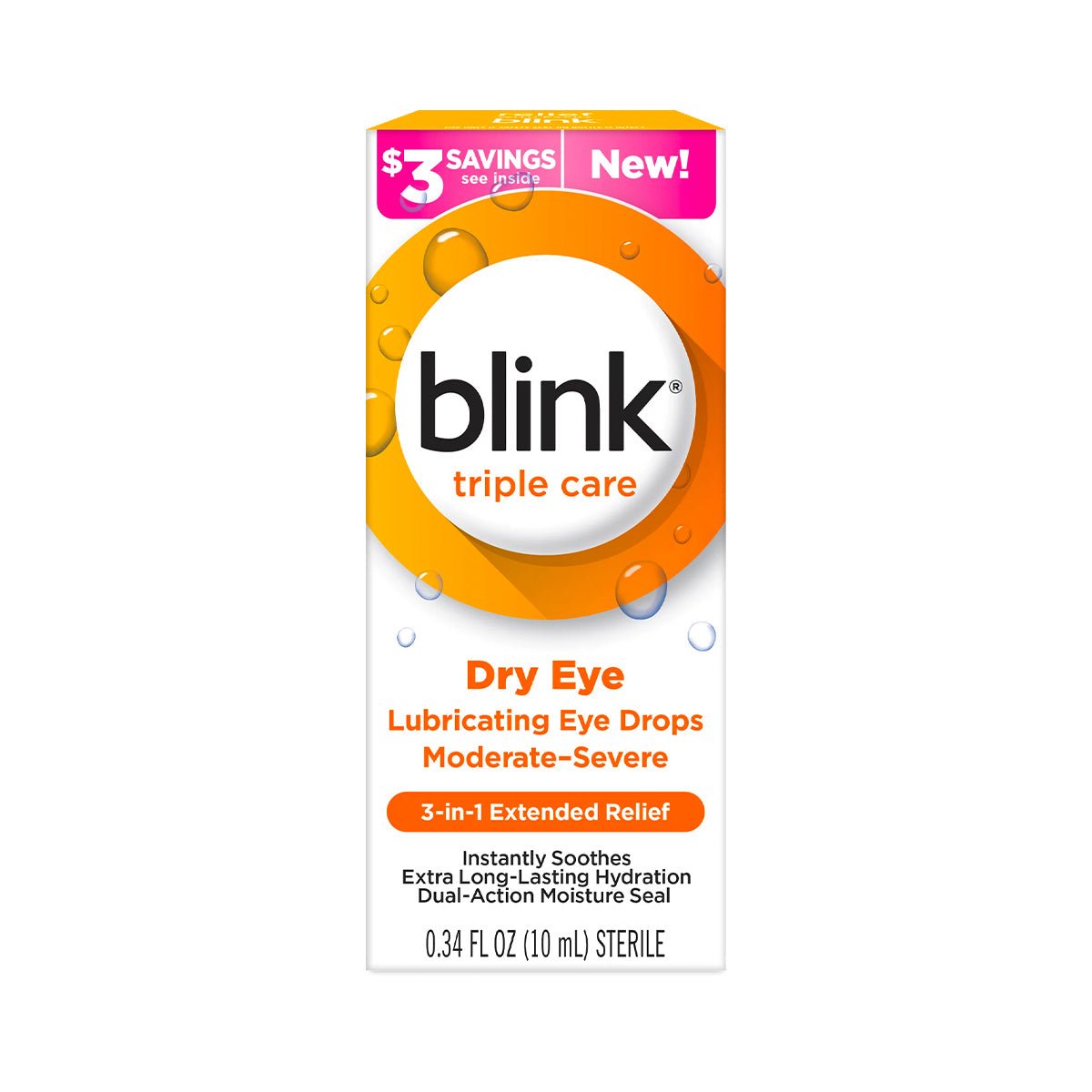 Blink Triple Care 3 in 1 Eye Drops by Bausch + Lomb, designed for moderate to severe dry eyes, come in an orange package highlighting benefits like polyethylene glycol for instant soothing and long-lasting hydration, plus a $3 savings offer. Available in 0.34 fl oz (10 ml).