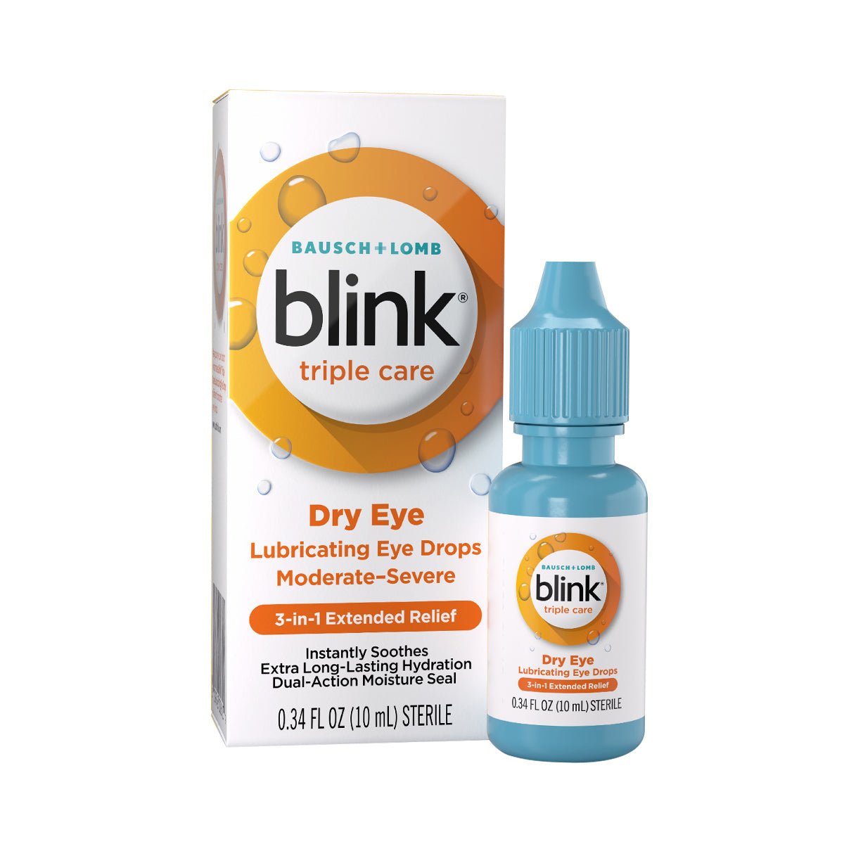 The image features Bausch + Lombs Blink Triple Care 3 in 1 Eye Drops for moderate to severe dry eyes. The blue bottle offers extended relief and hydration with polyethylene glycol for soothing comfort.