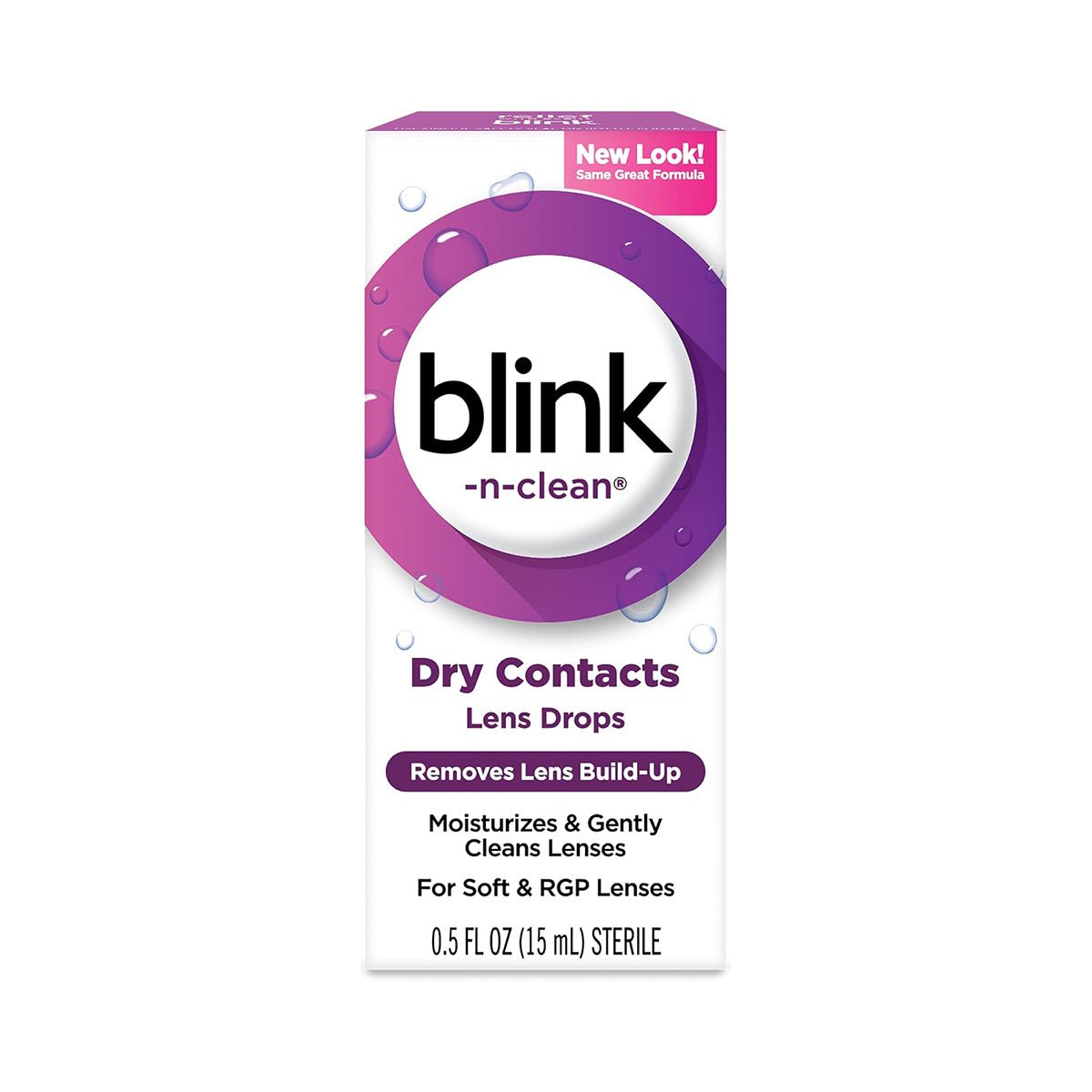 Image of a white box labeled Blink-N-Clean Lens Drops (15ml) by Bausch + Lomb, accented with purple. It promises to Remove Lens Build-Up and Moisturize & Gently Clean Lenses, ideal for contact lenses. Contains 0.5 FL OZ (15 mL).