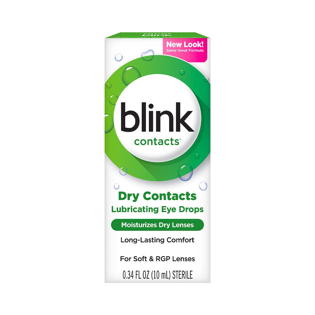 A 10ml box of Blink Contacts Lubricating Eye Drops by Bausch + Lomb, designed for contact lens wearers, features green and white packaging highlighting moisture for soft and RGP lenses. It showcases New Look! Same Great Formula.