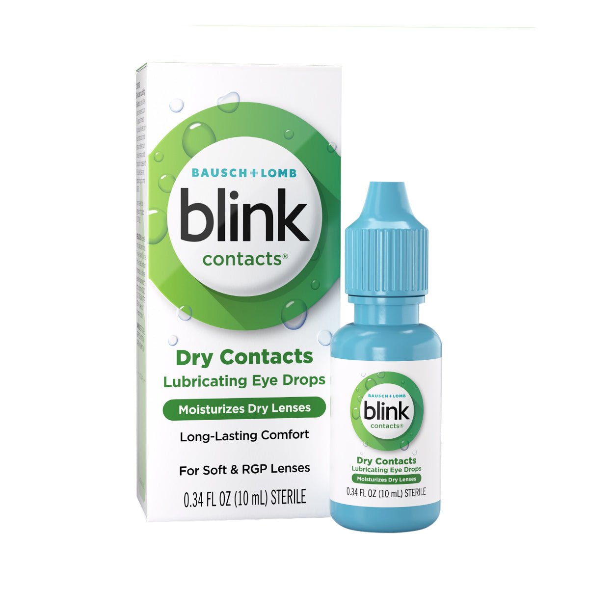 Blink Contacts Lubricating Eye Drops (10ml) by Bausch + Lomb, ideal for contact lens users, promise to moisturize dry lenses and deliver lasting comfort for soft and RGP lenses.