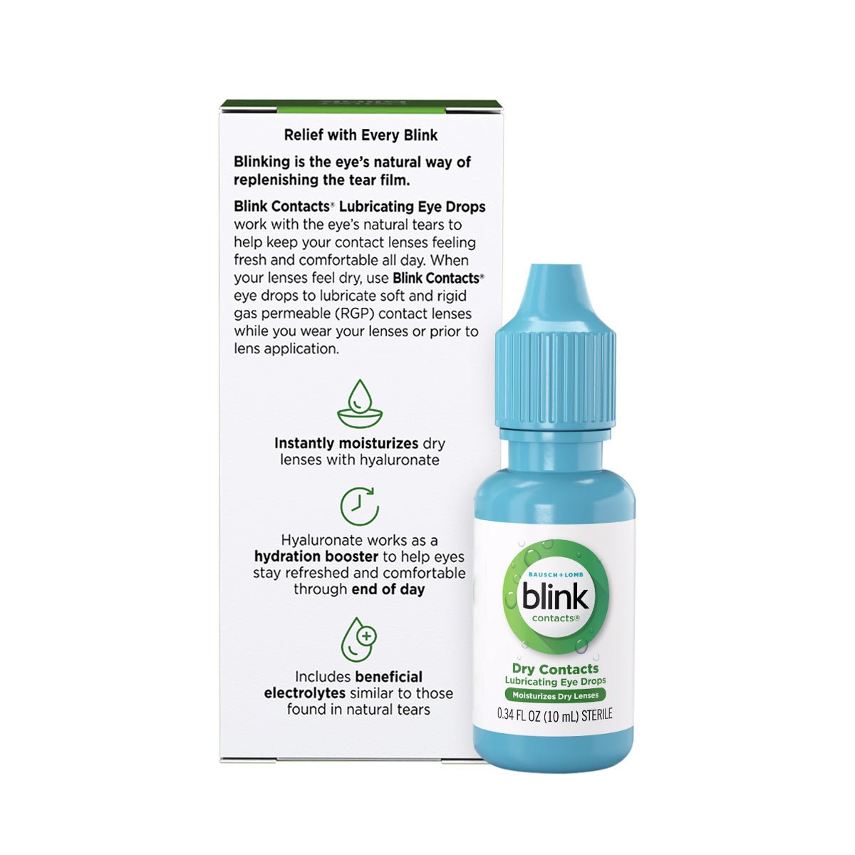 The packaging image of Bausch + Lombs Blink Contacts Lubricating Eye Drops (10ml) highlights its benefits for contact lens wearers, including moisturizing dry lenses with hyaluronate and natural electrolytes. A blue bottle beside the box illustrates its role as essential lubricating eye drops.
