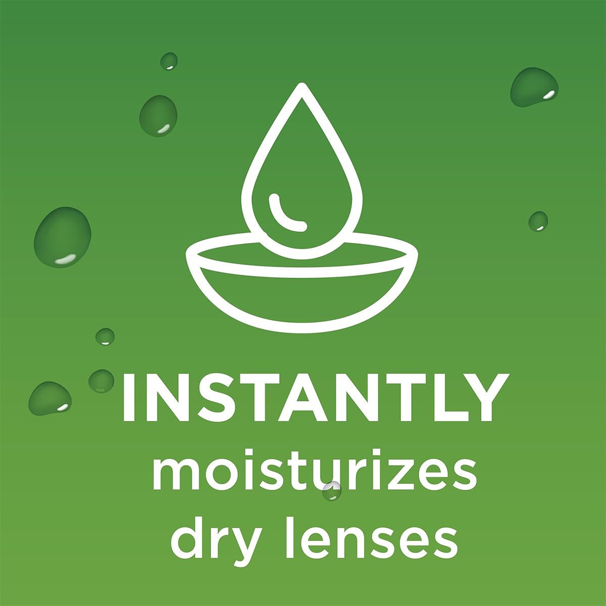 A green backdrop with water droplets displays a white drop icon over a lens. Text states: Instantly moisturizes dry lenses for contact lens wearers. Ideal for users of Bausch + Lombs Blink Contacts Lubricating Eye Drops (10ml).