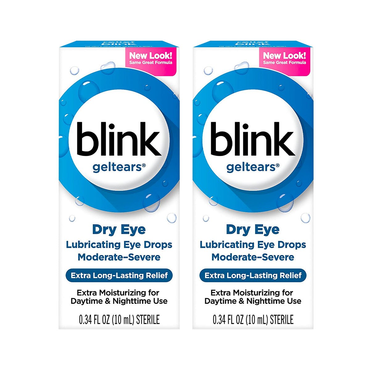 Two boxes of Bausch + Lomb Blink Gel Tears Lubricating Eye Drops, 10ml each, provide extra moisturizing comfort for dry eyes with moderate to severe symptoms. Perfect for day or night use, the New Look! packaging ensures lasting relief.