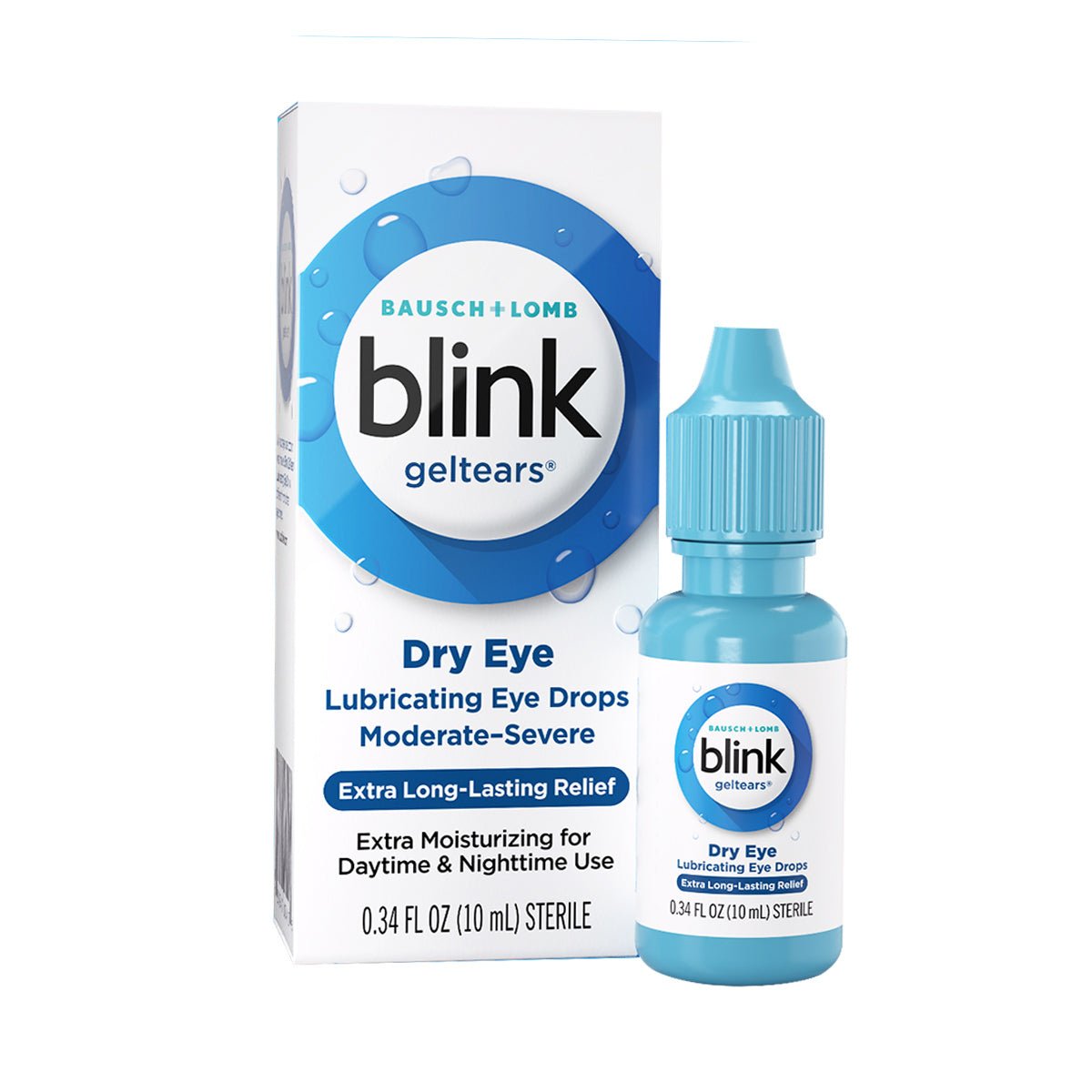 Image of Blink Gel Tears Lubricating Eye Drops (10ml) by Bausch + Lomb. The white and blue packaging states Dry Eye Lubricating Eye Drops Moderate-Severe, offering Extra Long-Lasting Relief and improved moisture retention. The 10 ml blue bottle features a dropper cap.