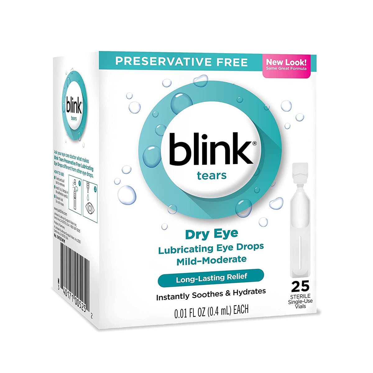 Box of Blink Tears Preservative Free Lubricating Eye Drops Vials (25 Count) by Bausch + Lomb offers relief for dry eyes with a New Look! Same Great Formula. Each box includes 25 single-use vials, 0.01 fl oz (0.4 mL) each, ideal for mild to moderate discomfort.