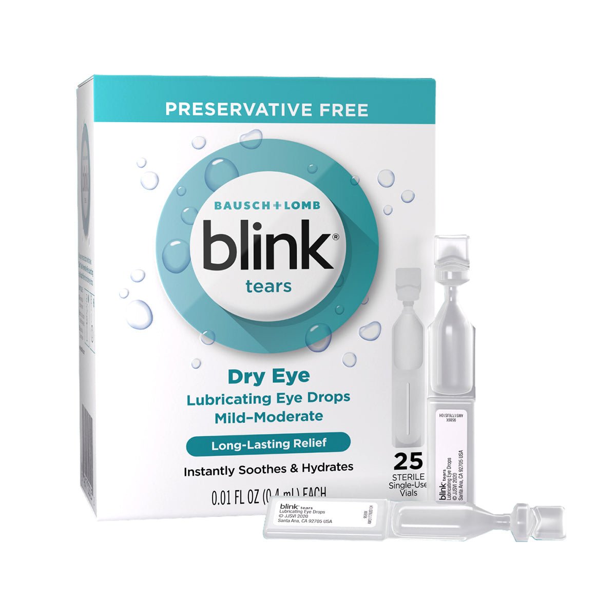 The Bausch + Lomb Blink Tears packaging for dry eyes showcases preservative-free lubricating eye drops. A white box with a teal label reading Lubricating Eye Drops, Mild-Moderate is accompanied by an image of the 25-count single-use vials alongside it.